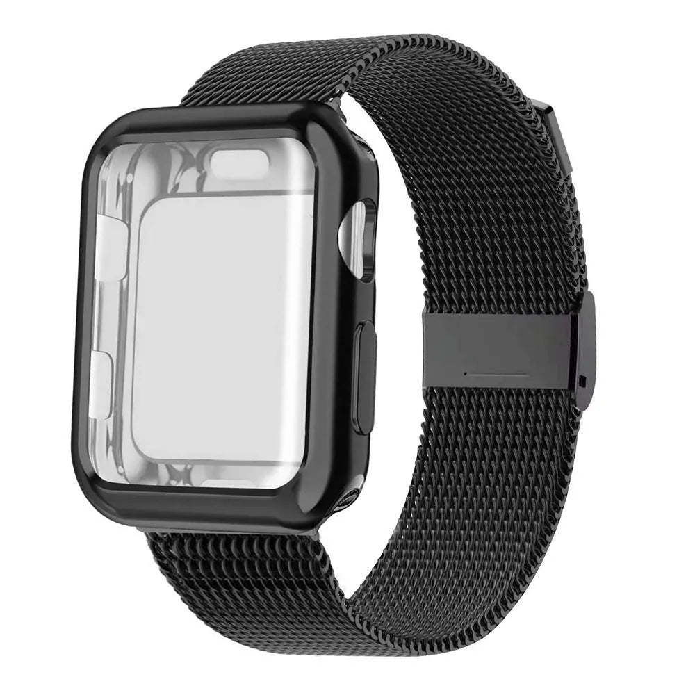 Magnetic metal Milanese loop band for Apple Watch with protective case, shown in silver colour.