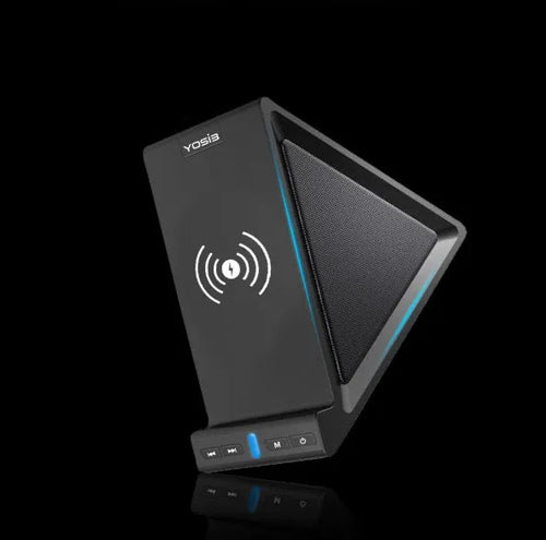 Black multifunctional Bluetooth speaker with integrated phone holder and wireless charging pad showing front and side views.