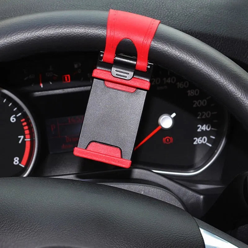 Black car steering wheel clip mount holding smartphone for hands-free driving