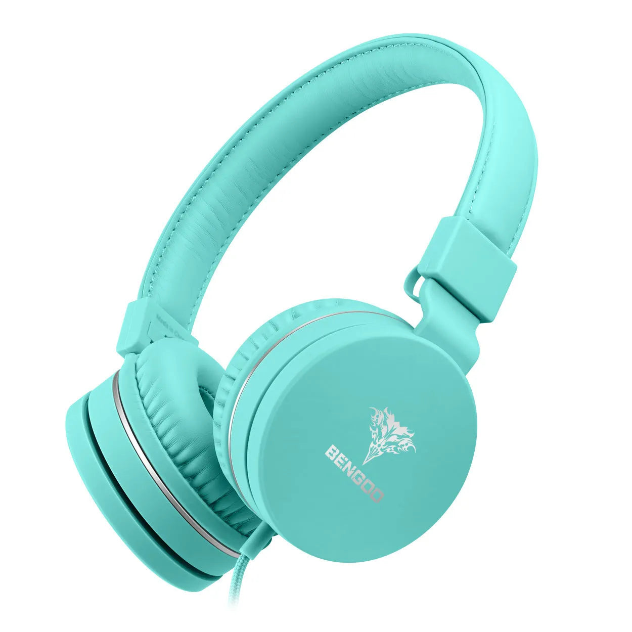 Bengoo C30 wired over-ear headphones with microphone in mint green colour, showing braided cable and protein ear cushions.