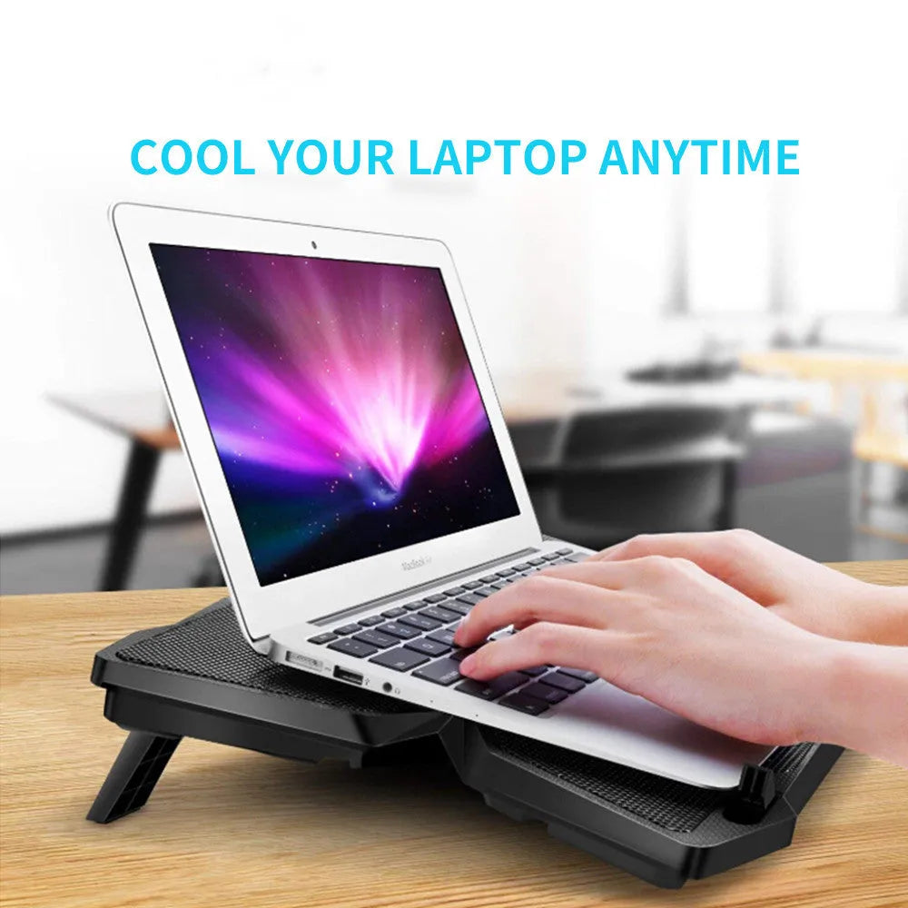 Blue laptop cooling base with four LED fans and integrated USB ports for computer temperature control
