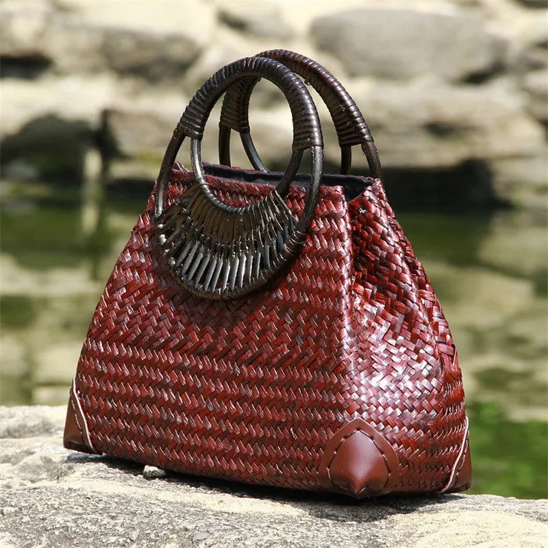 Handwoven rattan straw bag with wooden handle and cotton lining, 32 cm, in khaki colour