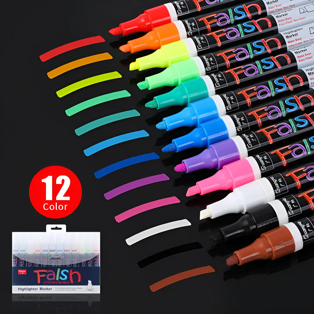 Electronic fluorescent plate highlighter pen with 6mm oblique tip shown in 8-colour set for writing on presentation boards
