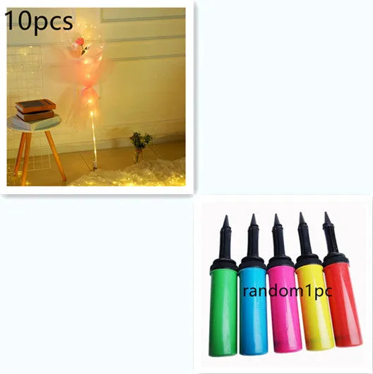 Transparent LED luminous balloon with artificial rose and built-in light, shown as a DIY bouquet kit.