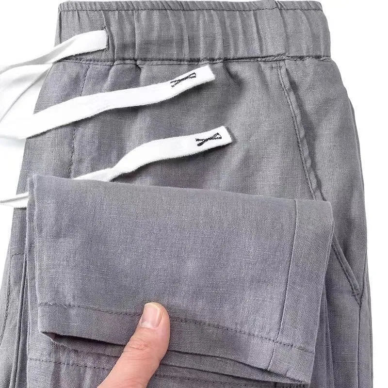 Chinese-style straight-leg linen-blend trousers with an elastic drawstring waist