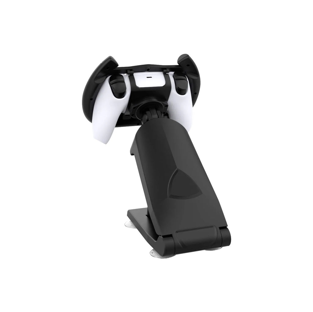 Black ABS plastic gamepad steering wheel bracket with suction cup for mounting a mobile phone.