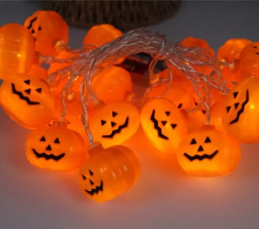 Halloween LED string lights with pumpkin bat ghost spider pendants on 1.2m white cord