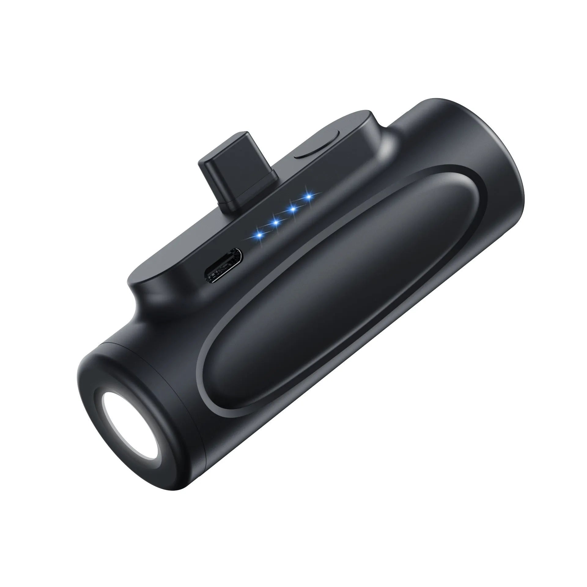 Black and pink creative power bank with LED flashlight, showing Type-C and Apple port options, 83x27x41mm.