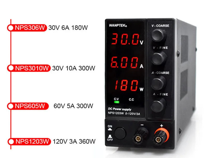 White NPS605W adjustable bench power supply with digital display for electronics testing and repair.