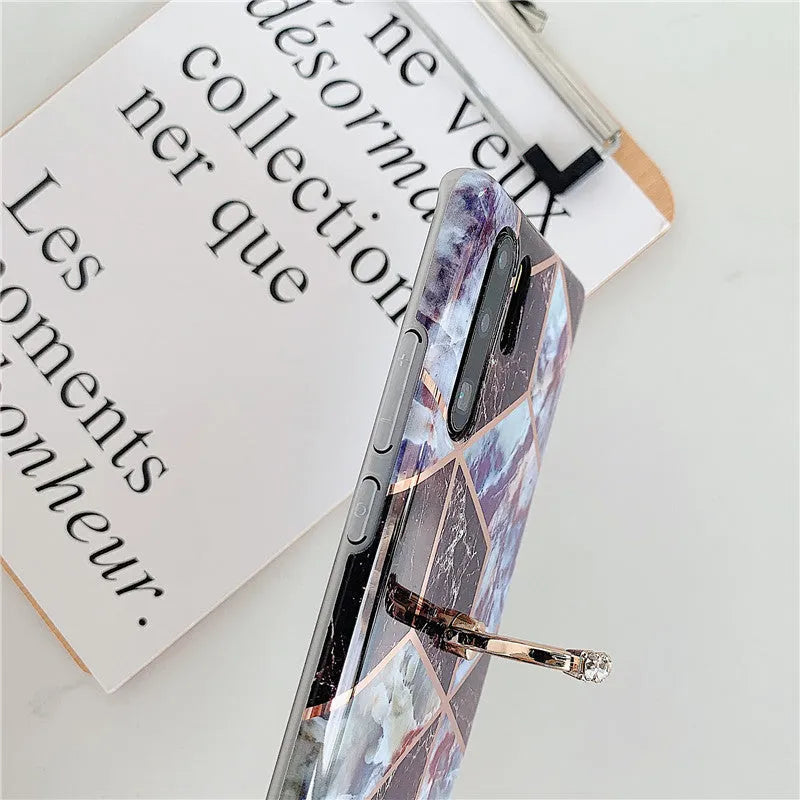 Electroplating mosaic marble ring phone case for Huawei – grid pattern, flexible TPU back cover with ring, six colour options