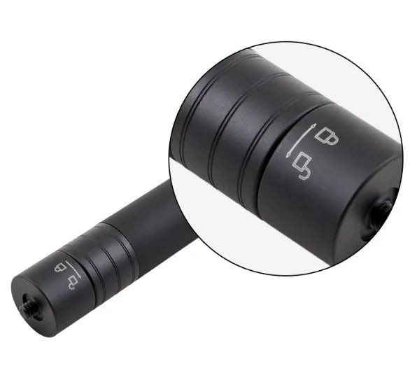 Black retractable selfie stick with Bluetooth remote, extended to full length with a smartphone attached.