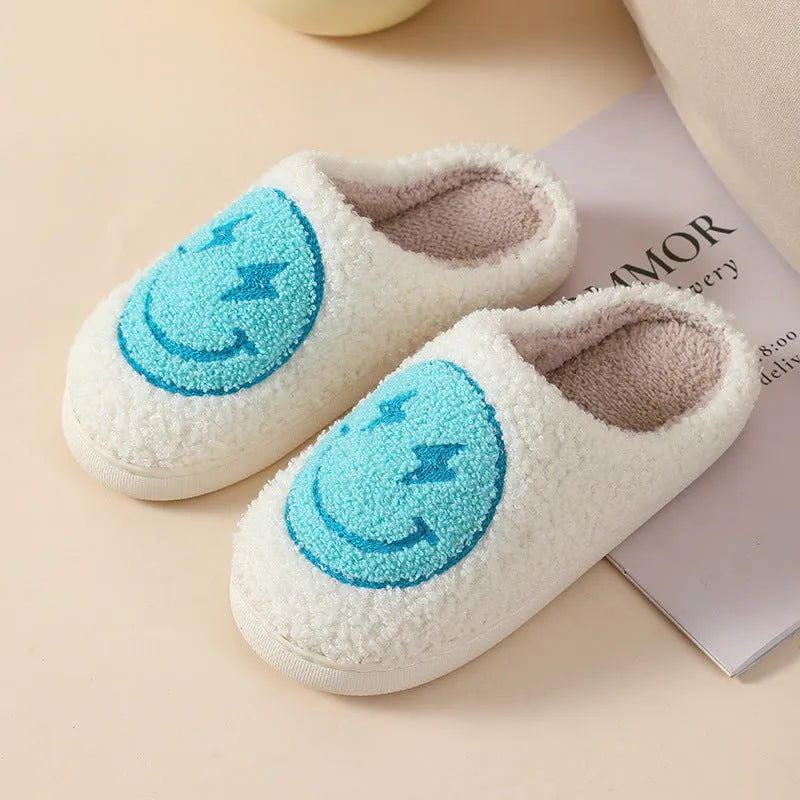 Plush home slippers with cartoon designs and non-slip PVC soles in adult female sizes