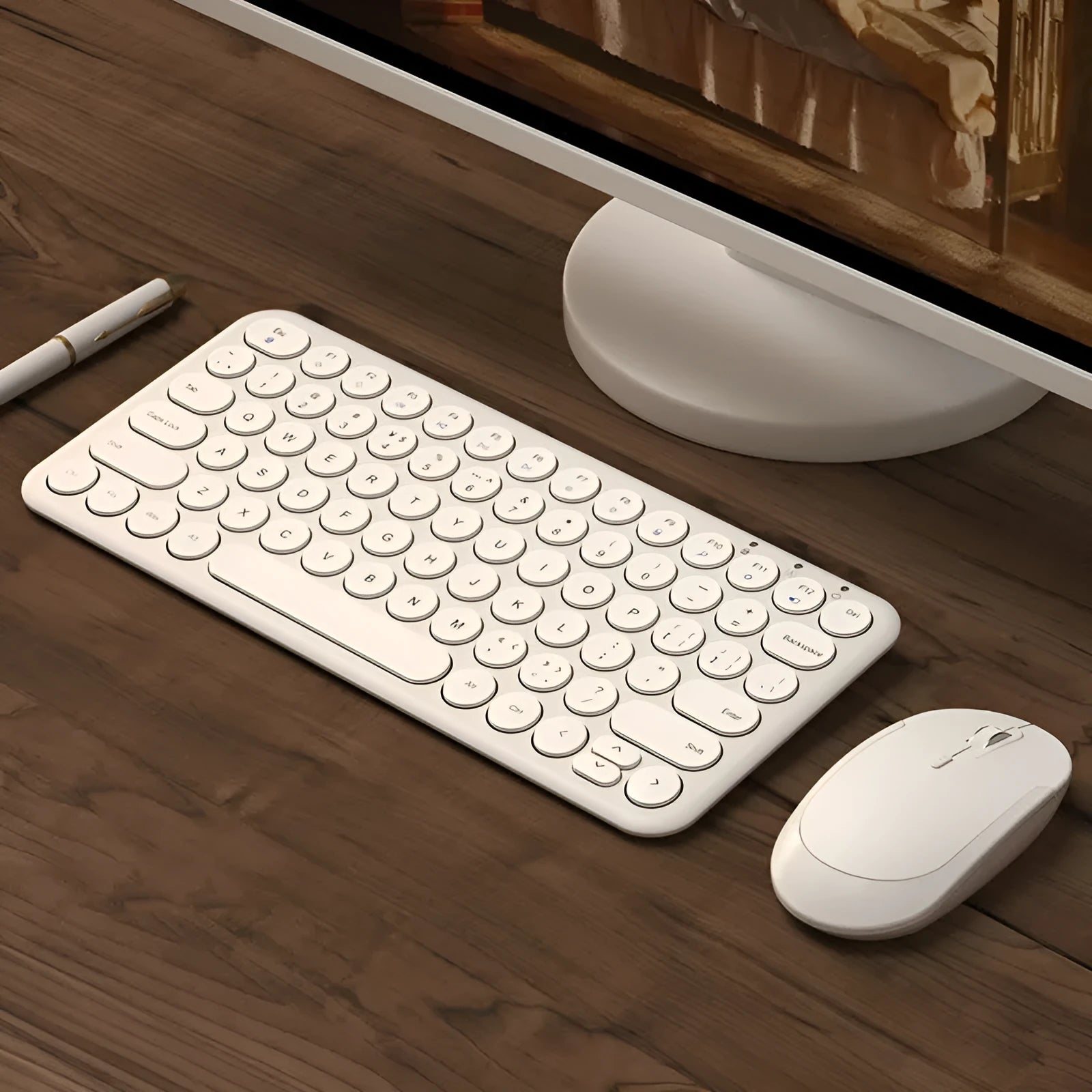 Ultra-thin white wireless keyboard and mouse set with USB receiver on a wooden desk.