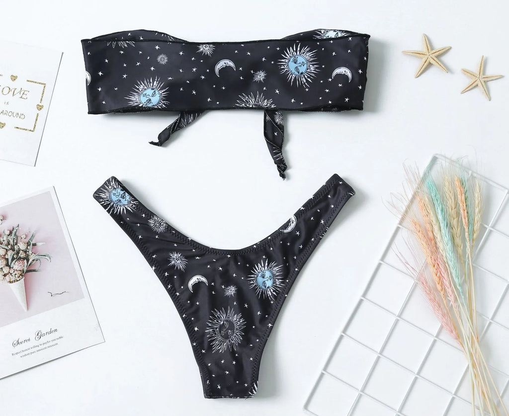 Black nylon one-piece swimsuit with backless design and waterproof print pattern