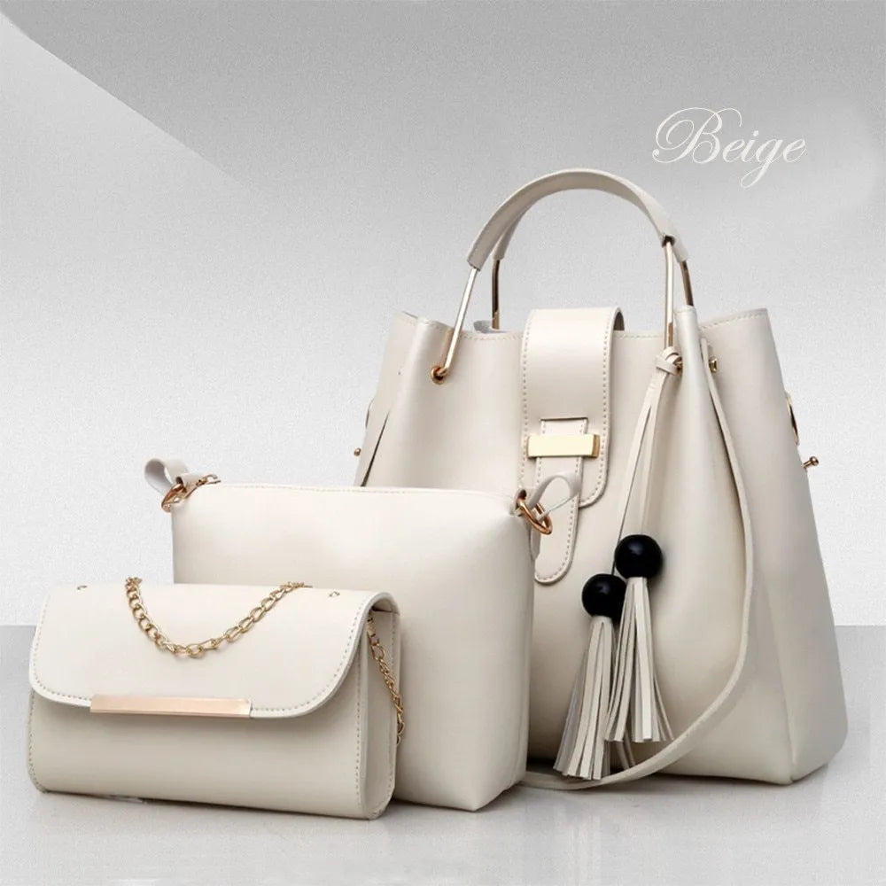 Women's 3 piece PU leather handbag set with shoulder bag, crossbody bag, and tote with tassel and metal handle