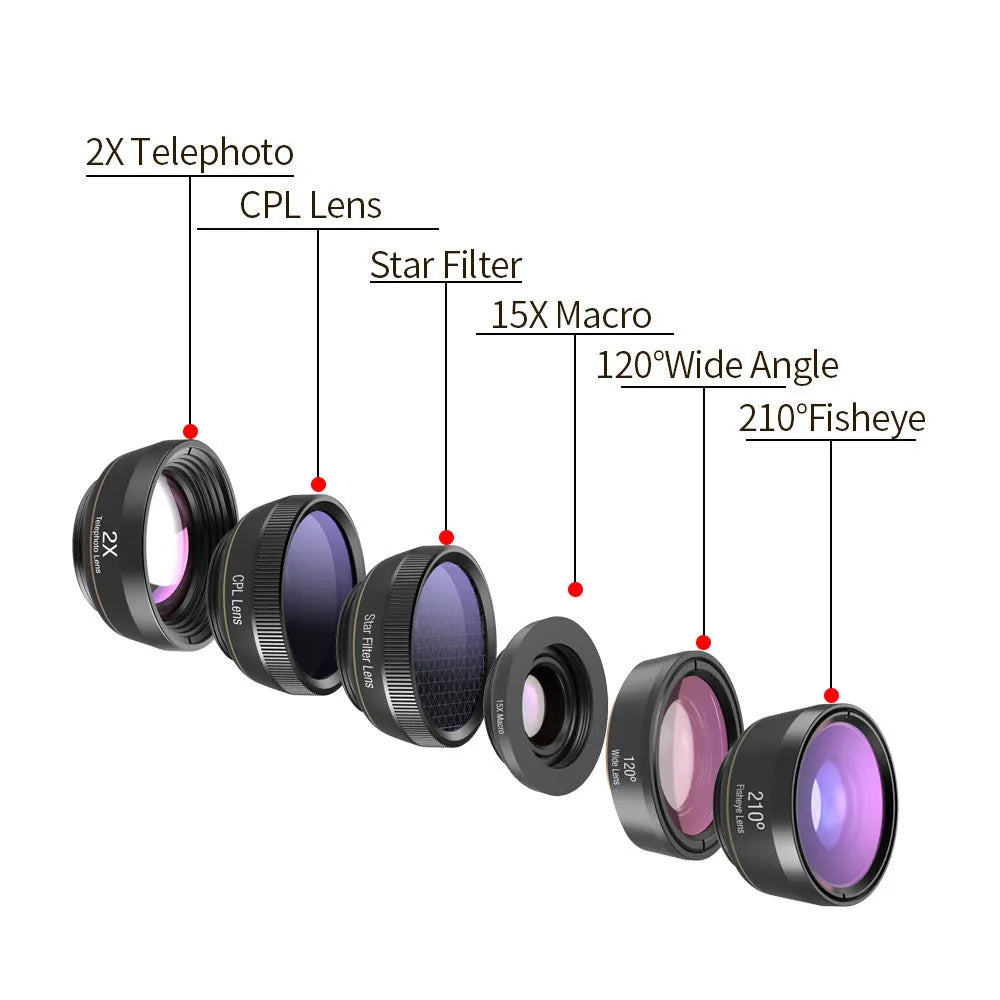 Black 6 in 1 universal smartphone camera lens kit with fisheye, macro, wide-angle, telephoto, CPL and star filters