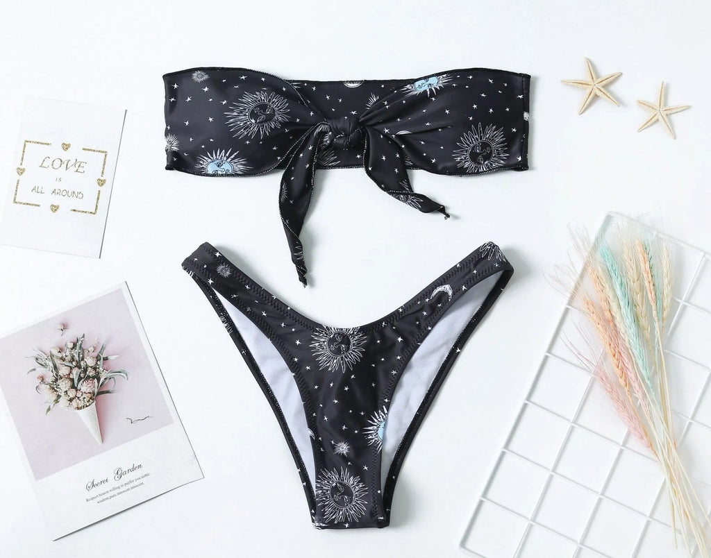 Black nylon one-piece swimsuit with backless design and waterproof print pattern