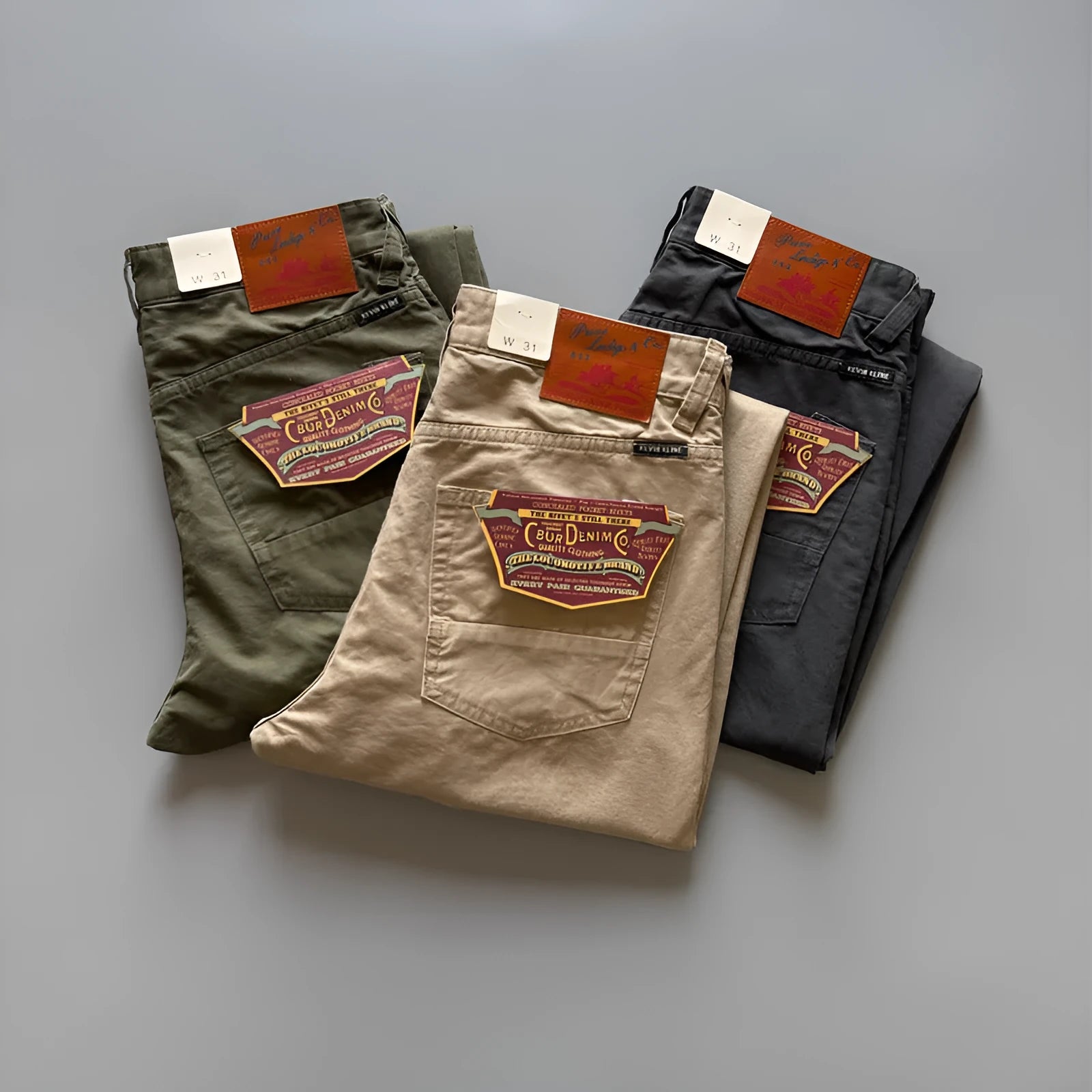 Men's straight-leg cotton trousers in army green shown flat, detailing the five-pocket design and mid-waist fit.