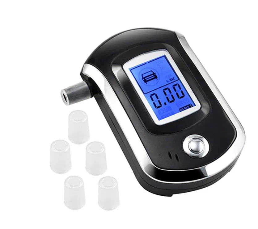 Black portable breath alcohol tester with digital display and five mouthpieces for drink-drive prevention