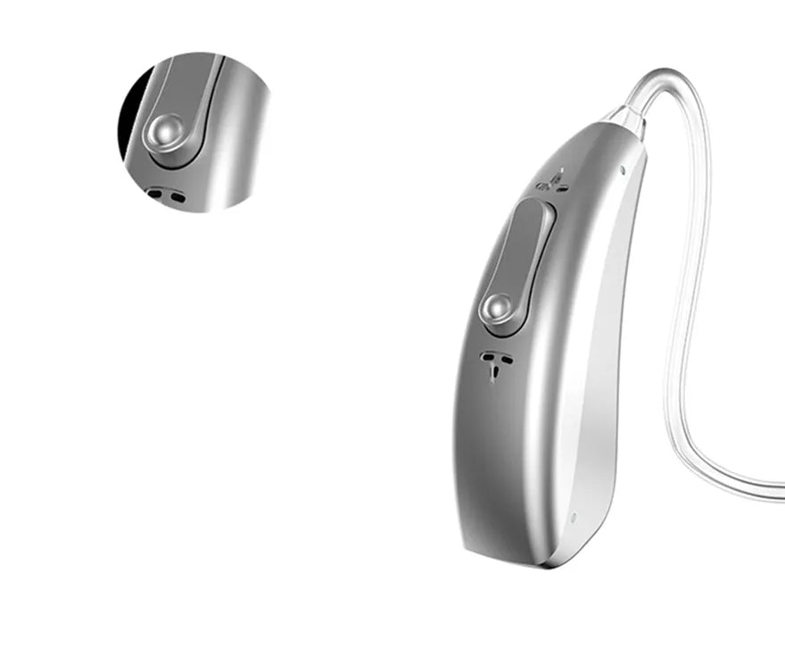 Invisible wireless hearing aid and its USB charging case on a table.