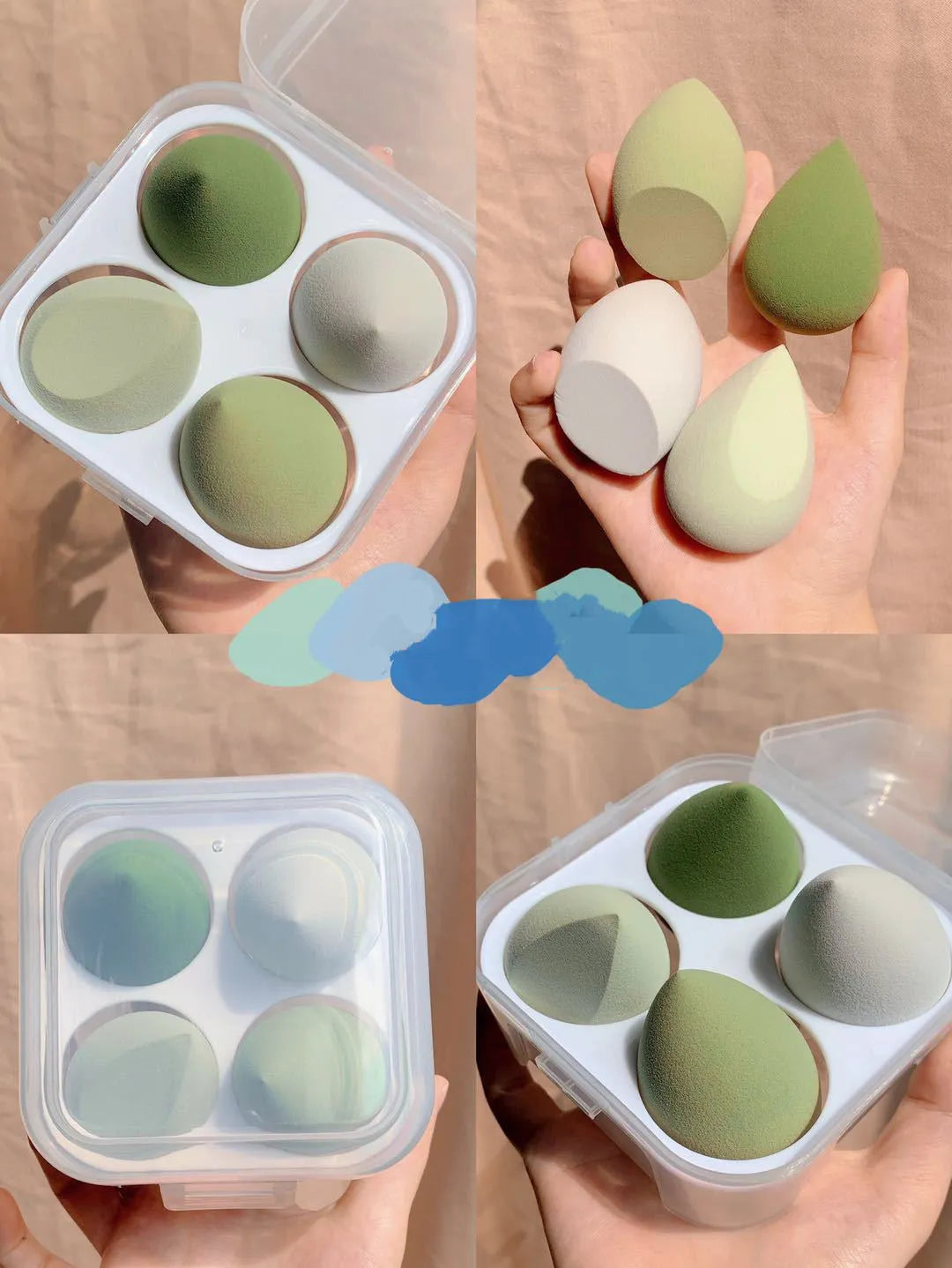 Four colourful makeup sponge eggs in grape, mango, mint and peach arranged in box
