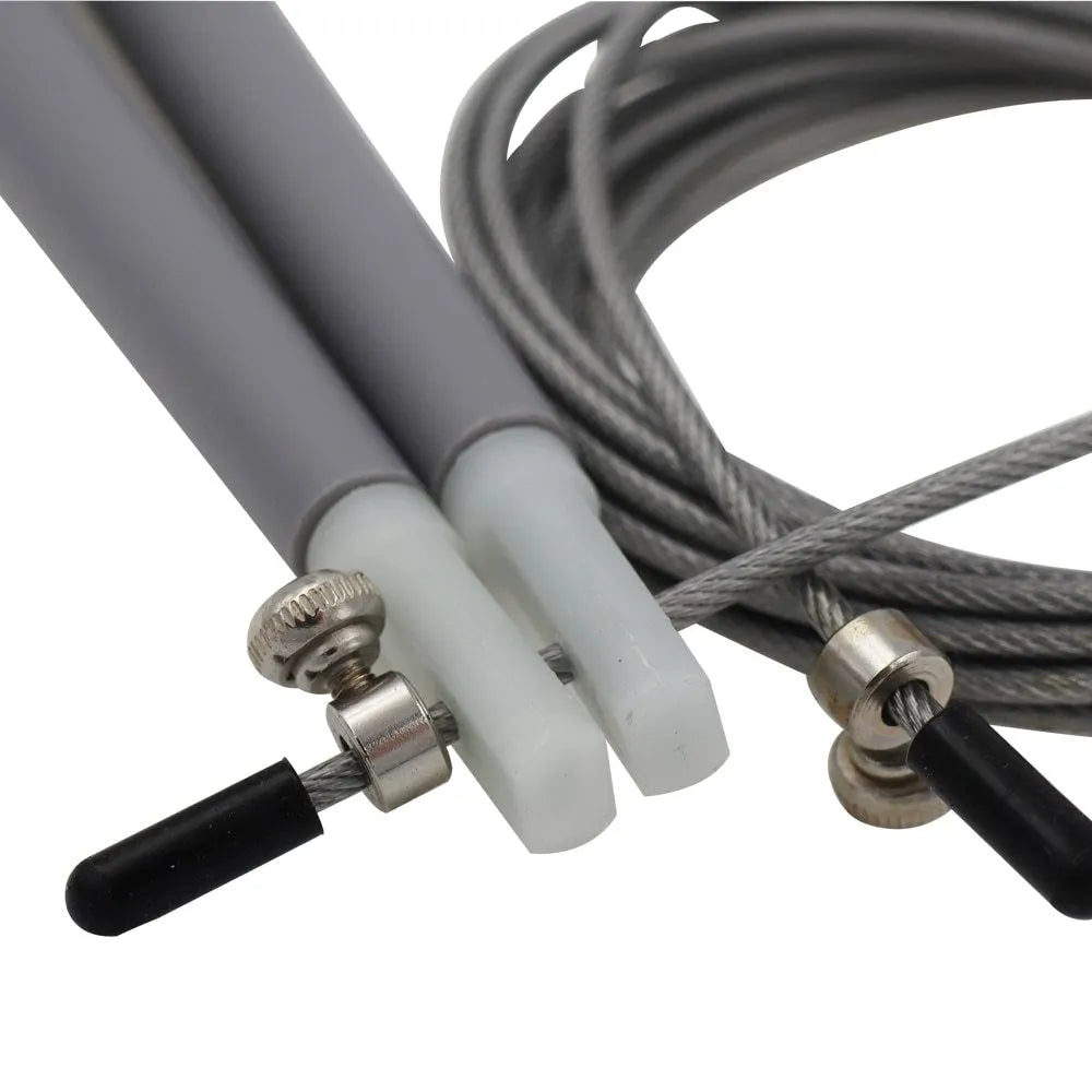 High speed steel wire fitness rope with 3m length, PVC coating, and PP handles on a smooth indoor floor