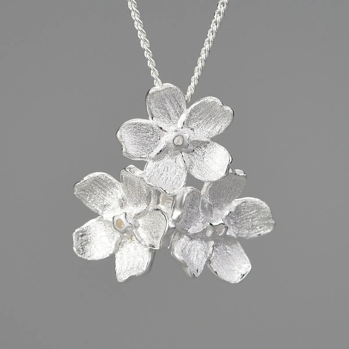 Myosotis Sylvatica forget-me-not flower sterling silver pendant with pastoral hand-designed details