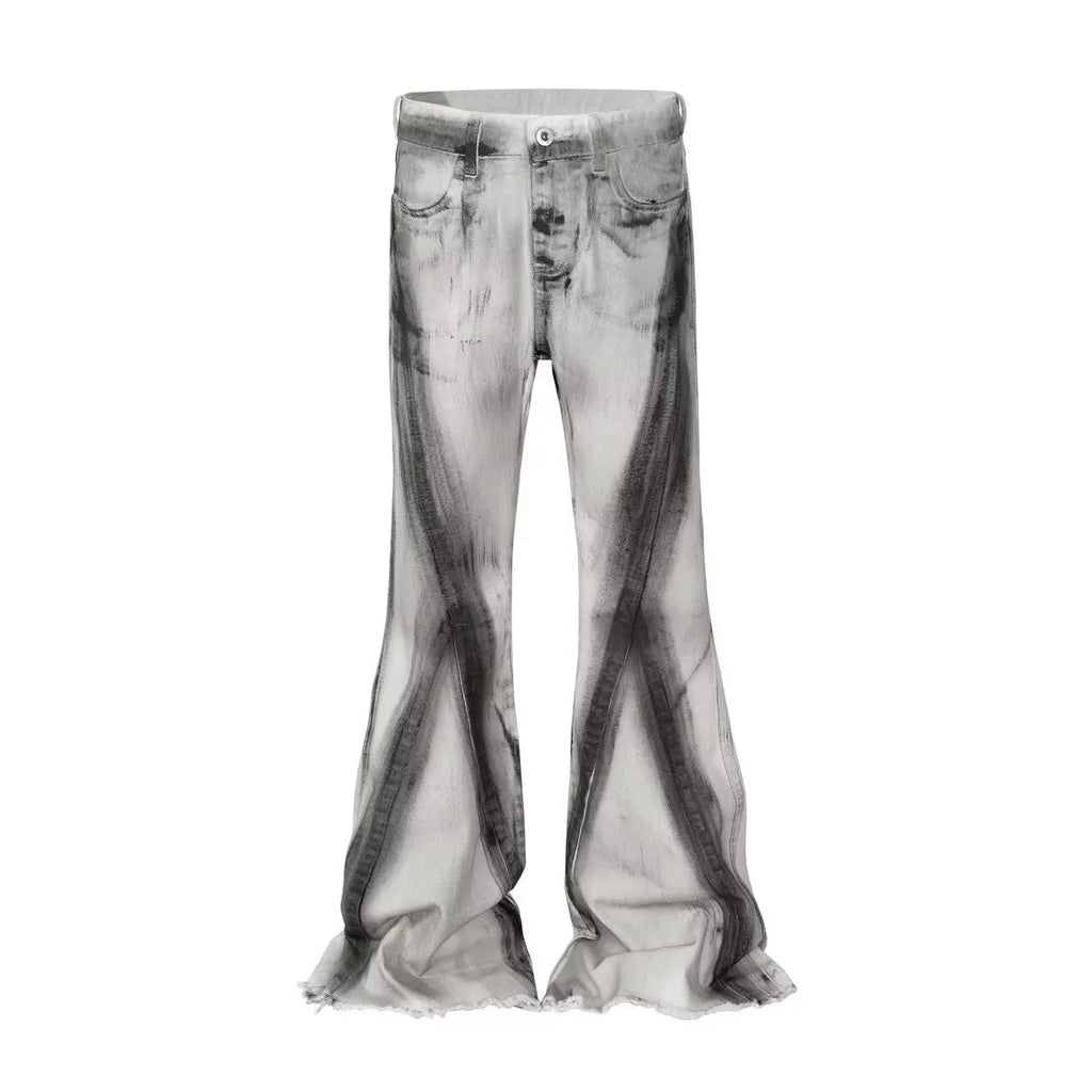White heavy rough selvedge denim jeans with a black ribbon gradient colour effect, showing mid waist and zip fly.