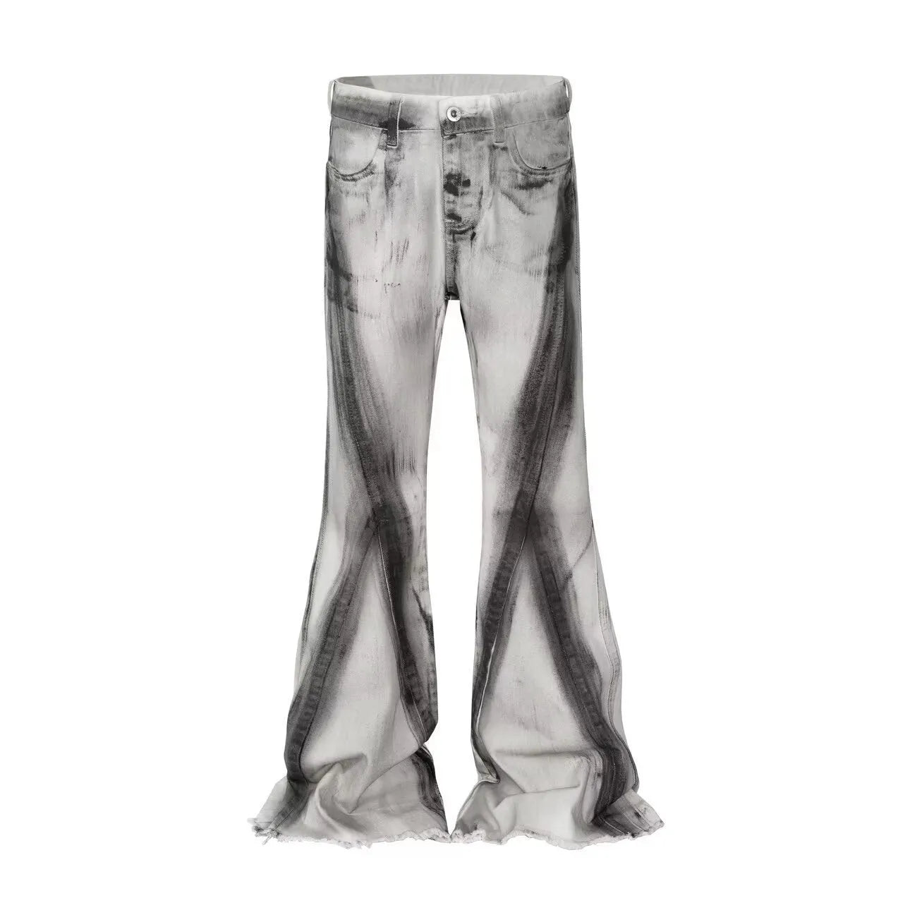 White heavy rough selvedge denim jeans with a black ribbon gradient colour effect, showing mid waist and zip fly.