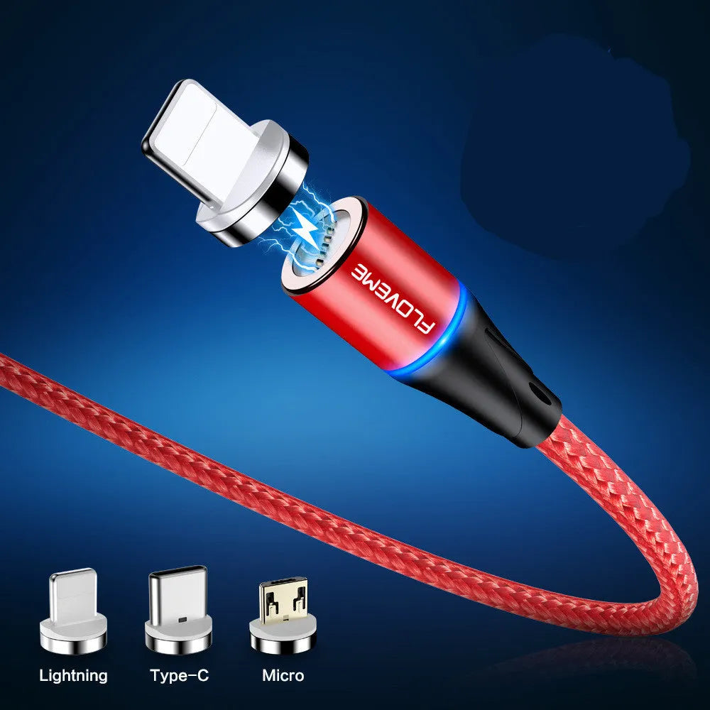 Black magnetic data cable with LED light and interchangeable iPhone, Android, and Type-C heads.