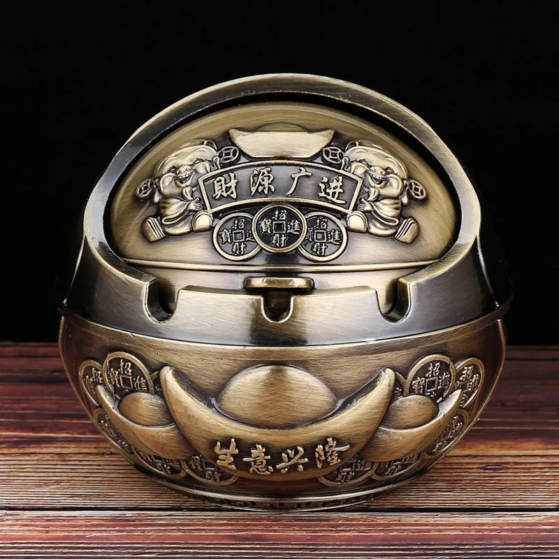 Alloy ashtray with smoke extinguishing slot in bronze finish featuring decorative dragon and phoenix design