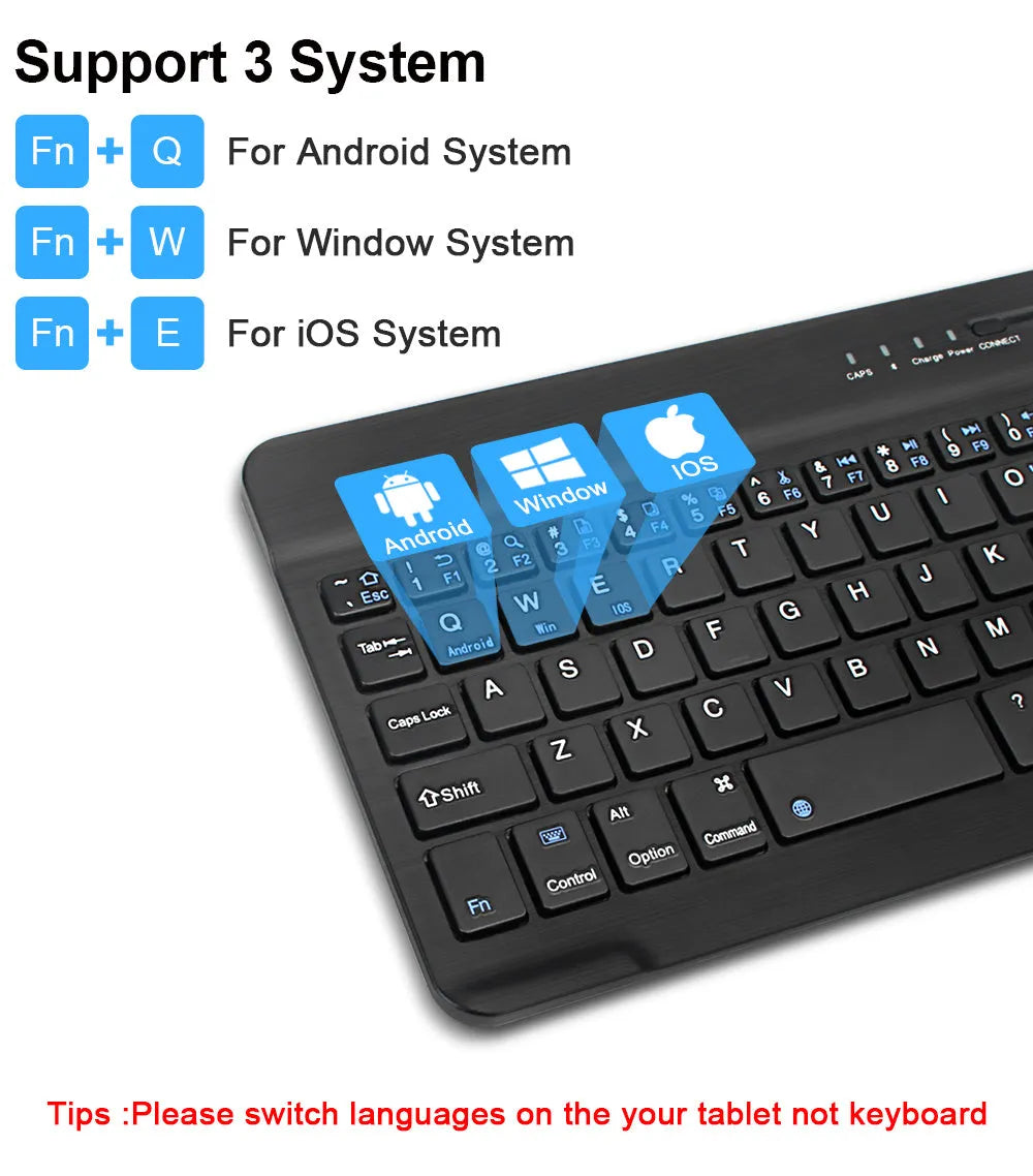 Mini Bluetooth wireless keyboard in black or white for tablets in 7, 9, and 10-inch sizes