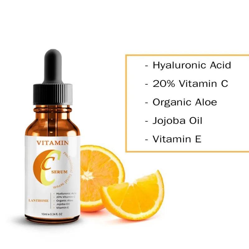 Bottle of Vitamin C and Hyaluronic Acid facial serum for anti-aging and skin brightening.