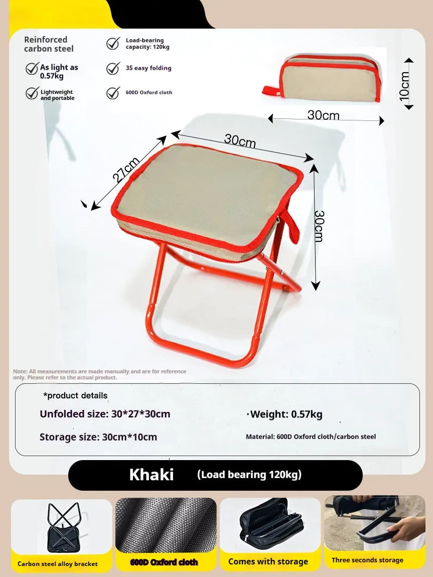 Outdoor folding camp stool in khaki colour with crossbody carry bag, shown in folded and unfolded states.