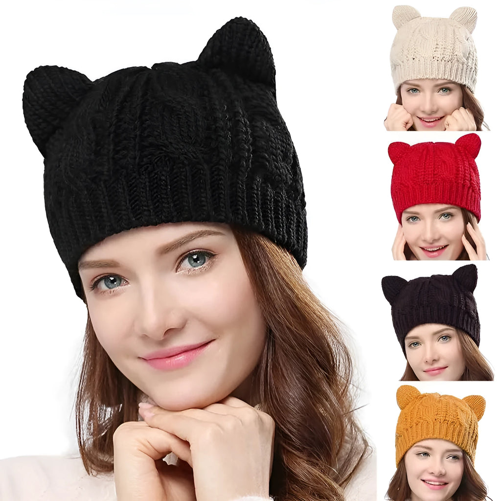 Handmade knitted cat ear beanie in red colour showing 3D ear design