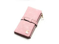 Korean retro long wallet in PU leather showing vertical design, zip closure, and open view of internal compartments.