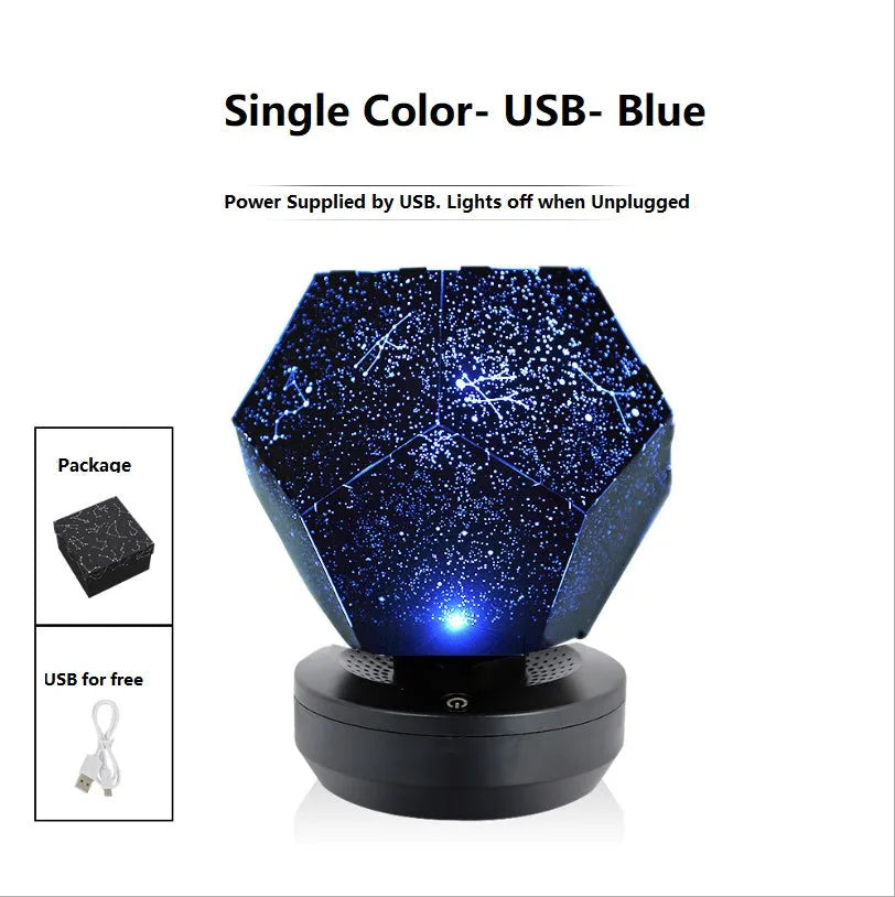 LED starry sky projector night light showing constellation projection on a bedroom ceiling.
