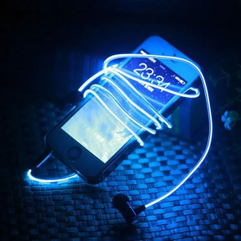 Blue wired earphones with glowing LED light lines on earpieces, showing 3.5mm plug and inline remote.