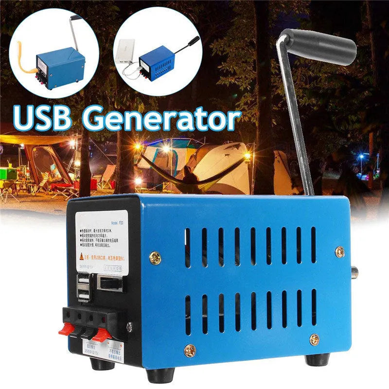 Blue metal hand crank USB power generator with anti-slip pads, dimensions 125mm x 80mm x 85mm.