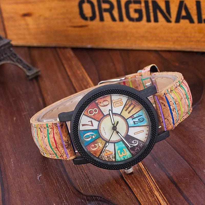 Women's vintage style quartz watch with 37mm round dial on leather strap with stainless steel pin buckle