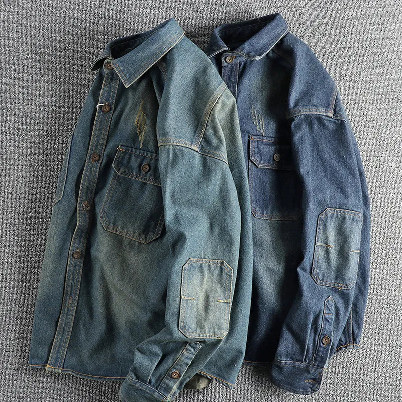 Men's light blue vintage denim shirt with loose cardigan styling and long sleeves