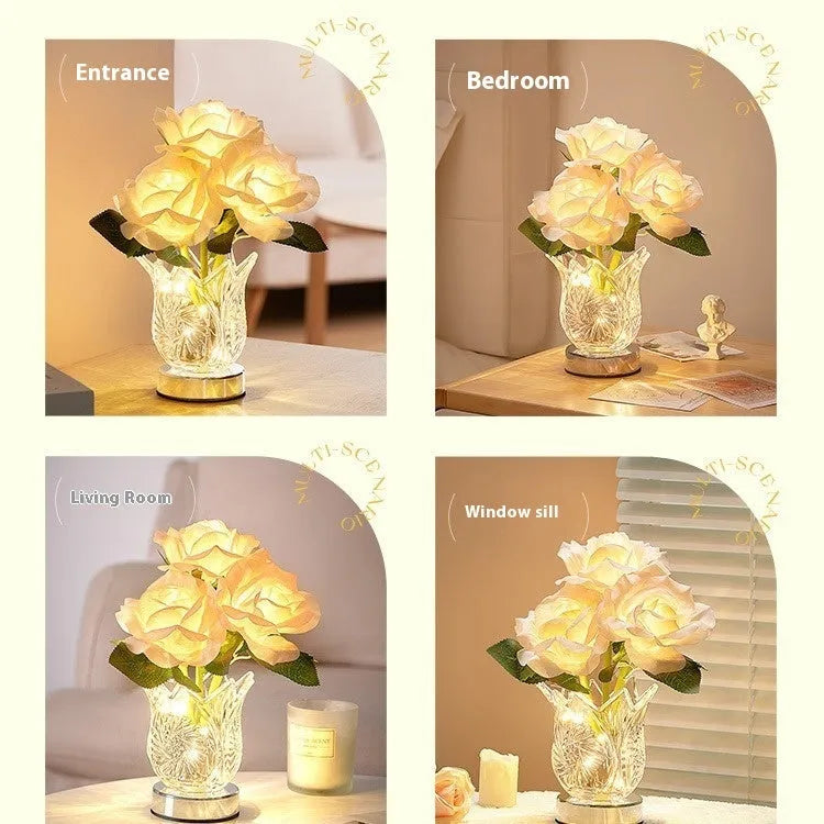 Modern crystal flowers rechargeable bedside lamp with touch dimmer controls on wooden table