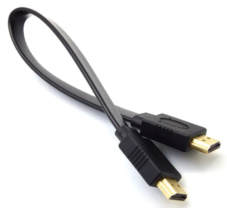 Flat high-speed HDMI cable with standard connectors on a white background.