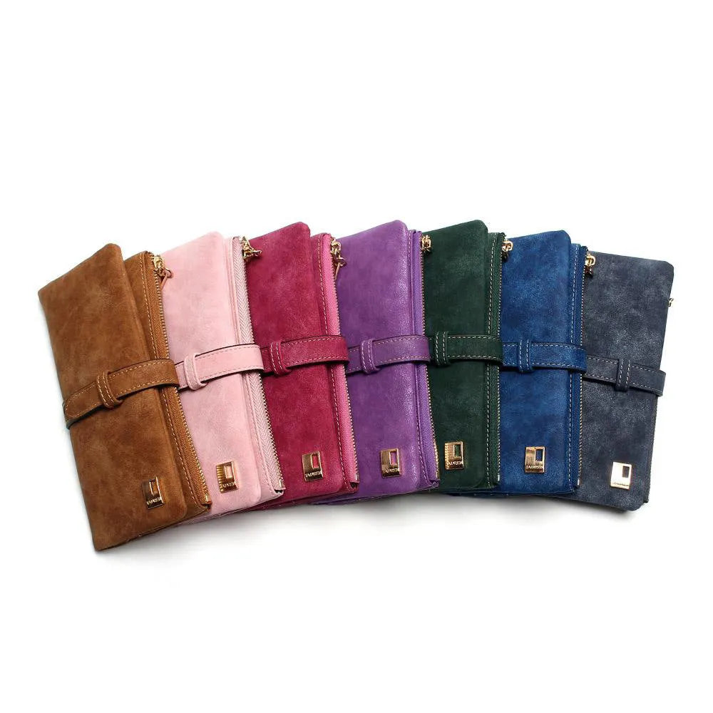Korean retro long wallet in PU leather showing vertical design, zip closure, and open view of internal compartments.
