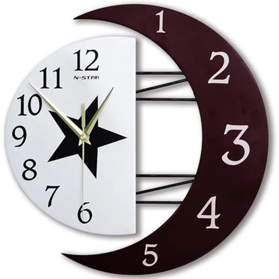 Round wooden MDF wall clock with 24-hour indication, sweep movement, Arabic numerals, and a white face with black hands.