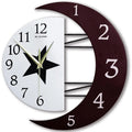 Round wooden MDF wall clock with 24-hour indication, sweep movement, Arabic numerals, and a white face with black hands.