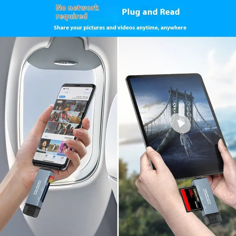 Silver aluminium USB memory card reader for SD, CF, and microSD cards with a USB-C cable.