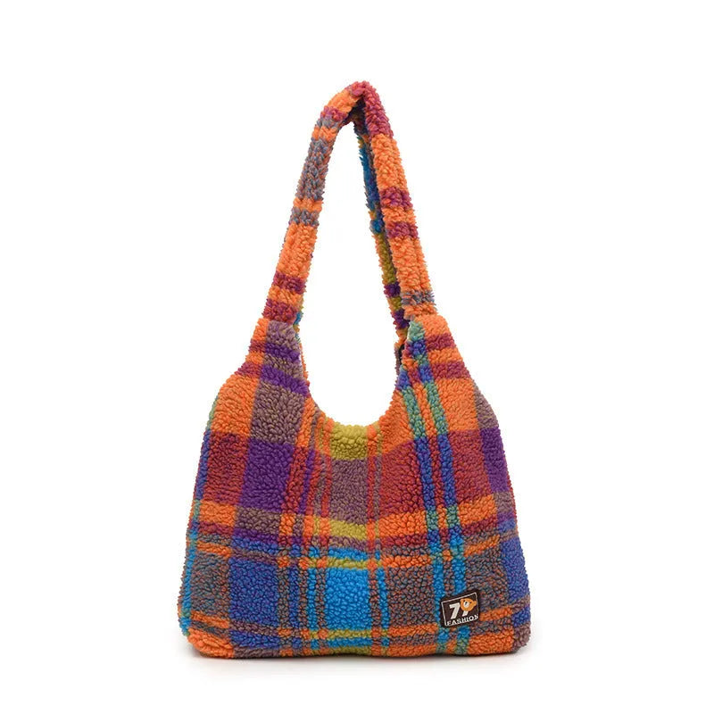 Women's plaid crossbody shoulder bag in soft plush fabric showing horizontal square shape and large capacity