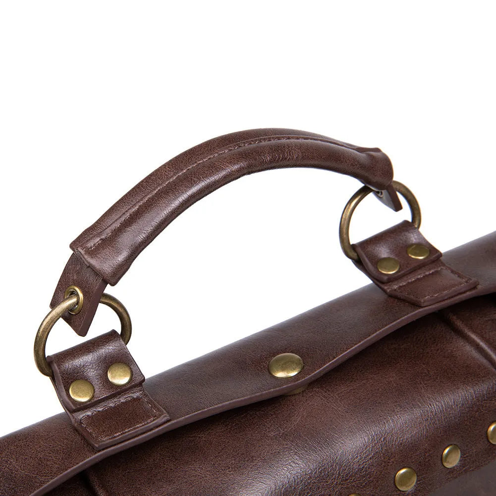 Bronze steampunk industrial retro style square shoulder bag with metal details.