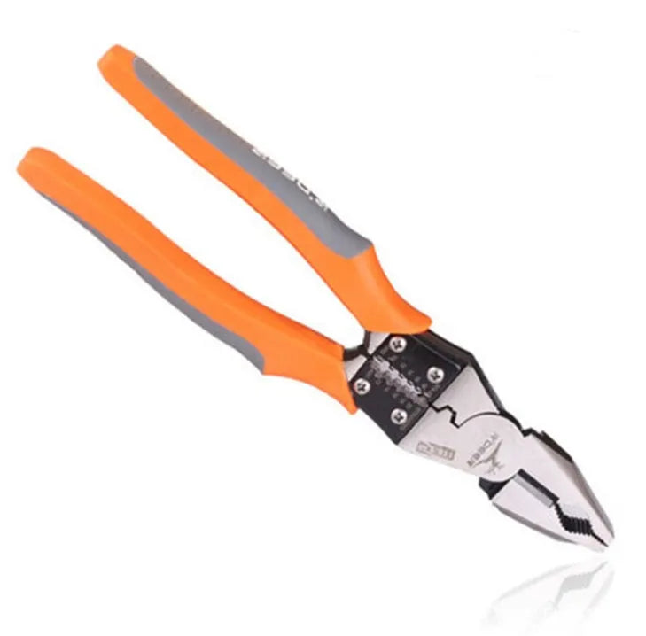 Orange multi-function wire cutter pliers with alloy steel jaws and textured PVC handles.